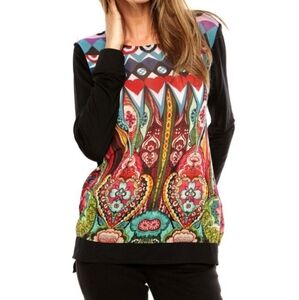 Desigual Sheer Print Top Knit Back Long Sleeve Boho Festival M EUR L